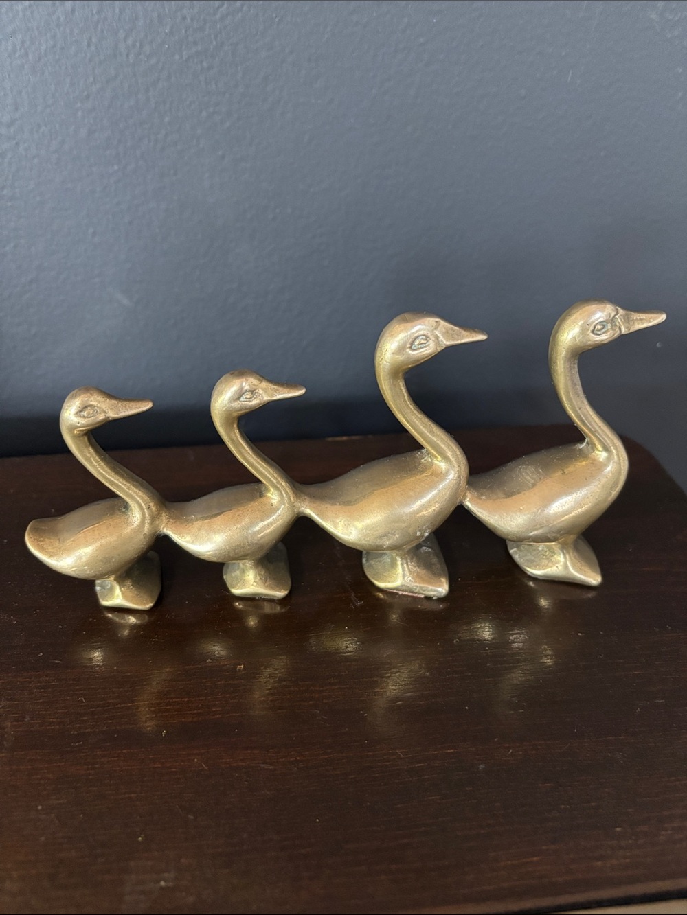 Vintage Solid Brass Ducks in a Row Four Goose Flock MCM Paperweight Cottage-core - Picture 2 of 10